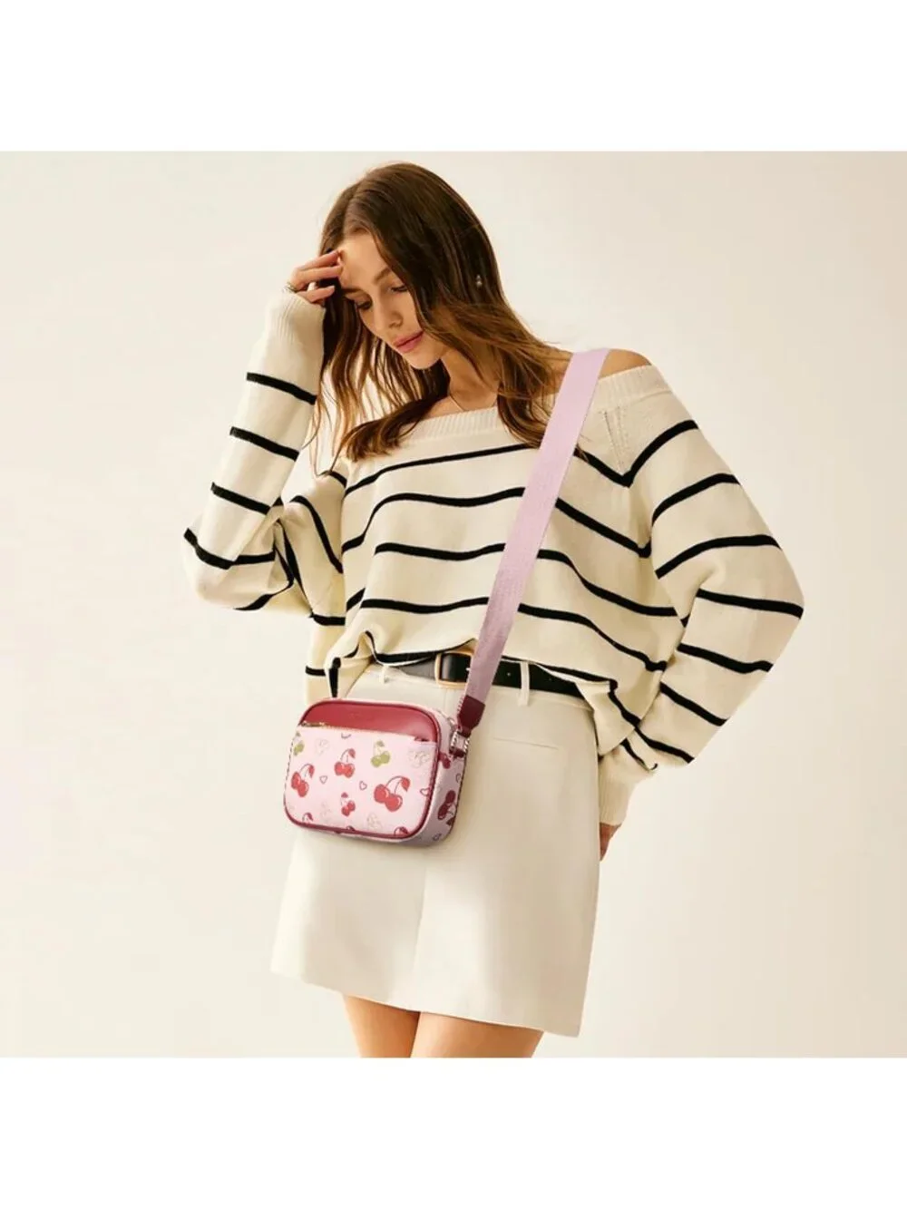 Women's Cherry Leather Crossbody Purses Shoulder Handbags with Wide Strap